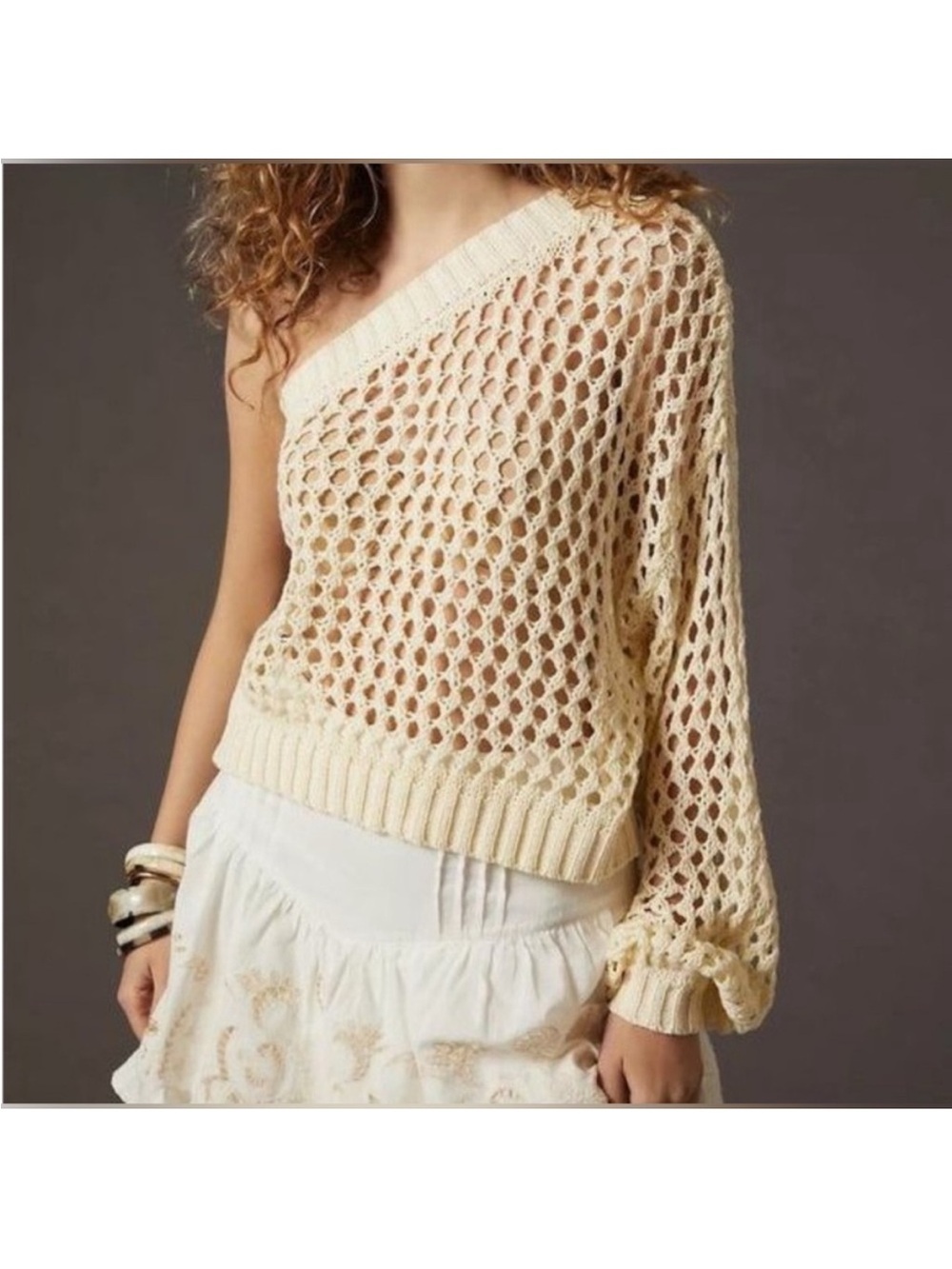 Anthropologie Maeve One-Shoulder Open Knit Sweater - Cream OS